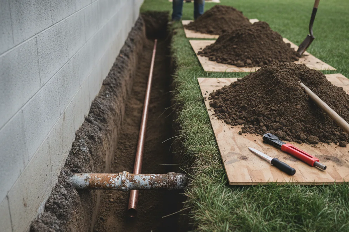 Excavated water line trench during Sewer Line Repair in Lockeford